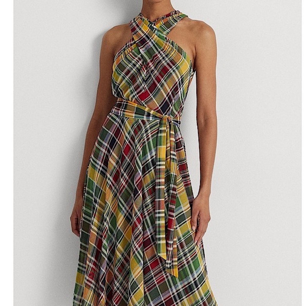 Ralph Lauren Plaid Georgette Sleeveless Criss Cross Neck Waist Tie Dress NWT